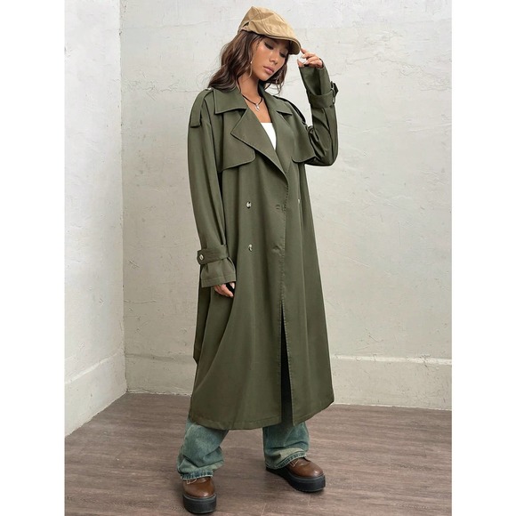 preppy olive green Lapel collar Double Breasted Belted Trench Coat - Picture 3 of 7